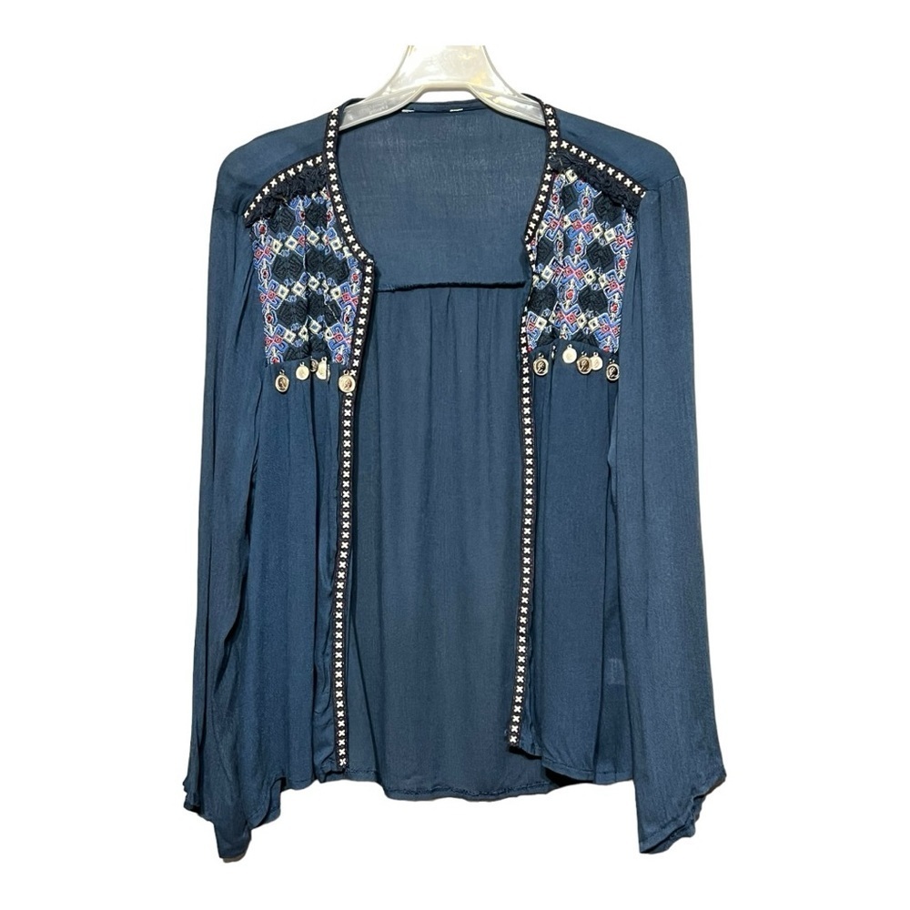 Ananda Design Open Front Embroidered Coin Top Women’s Medium